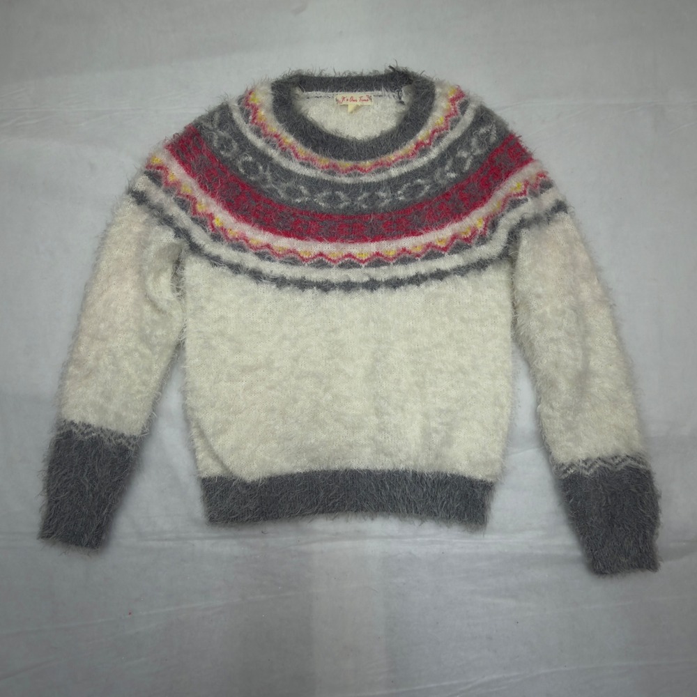 Its Our Time Womens Fuzzy Eyelash Knit Fair Isle Sweater Grey Pink White‎ Large